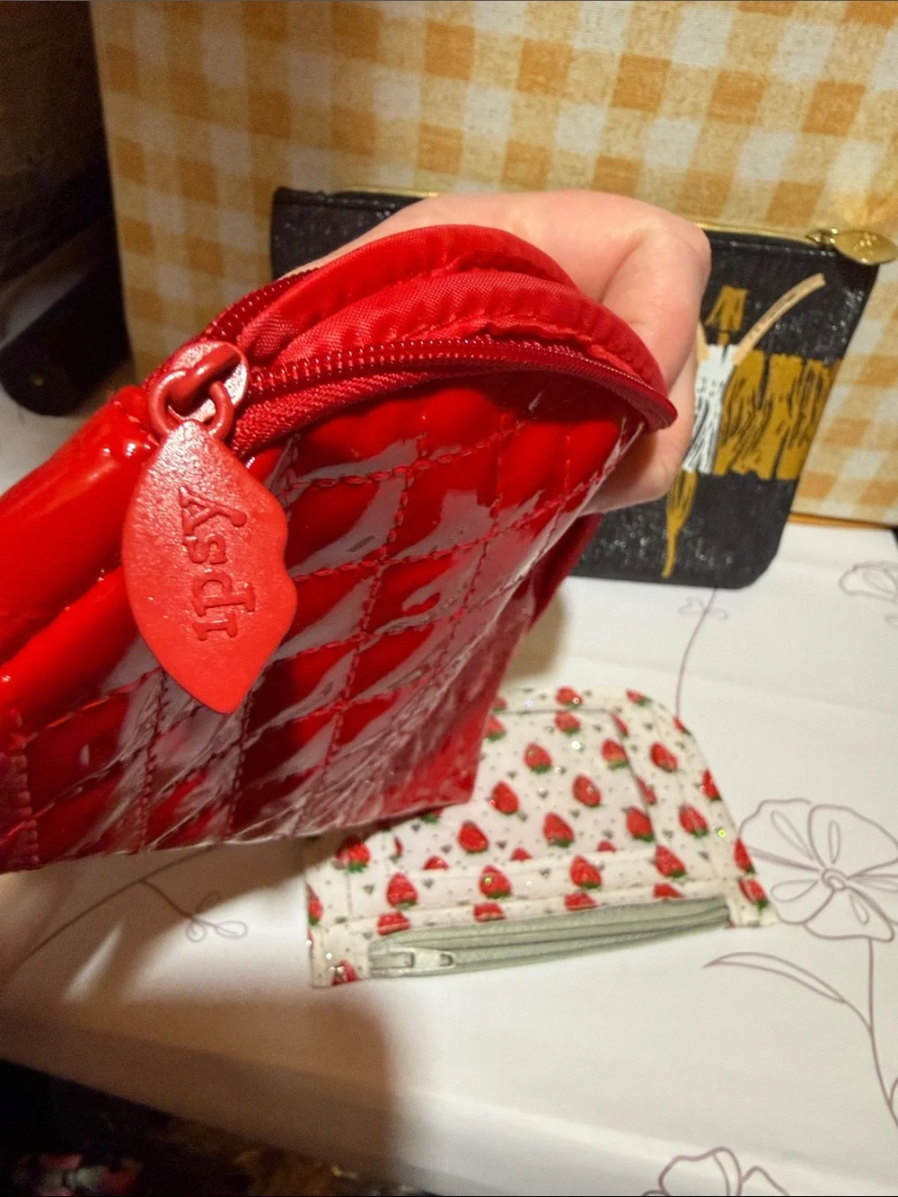 Bundle of 3 wild geo, Red Quilted Cosmetic Pouch and Strawberry ID Card Coin Bag